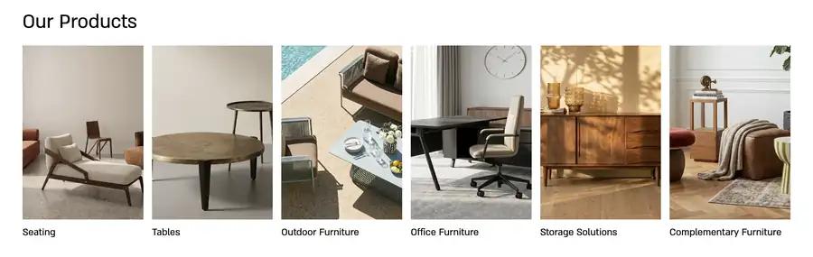 The “Our Products” row on the United Seats site: six category tiles — Seating, Tables, Outdoor Furniture, Office Furniture, Storage Solutions, Complementary Furniture — each one a photograph of that kind of furniture standing in a room.