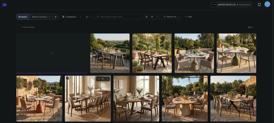 The Mocart asset library for the United Seats account, its counter reading 16,594 assets: a grid of generated furniture scenes — dining tables on terraces, chairs in rooms — with one tile still rendering.