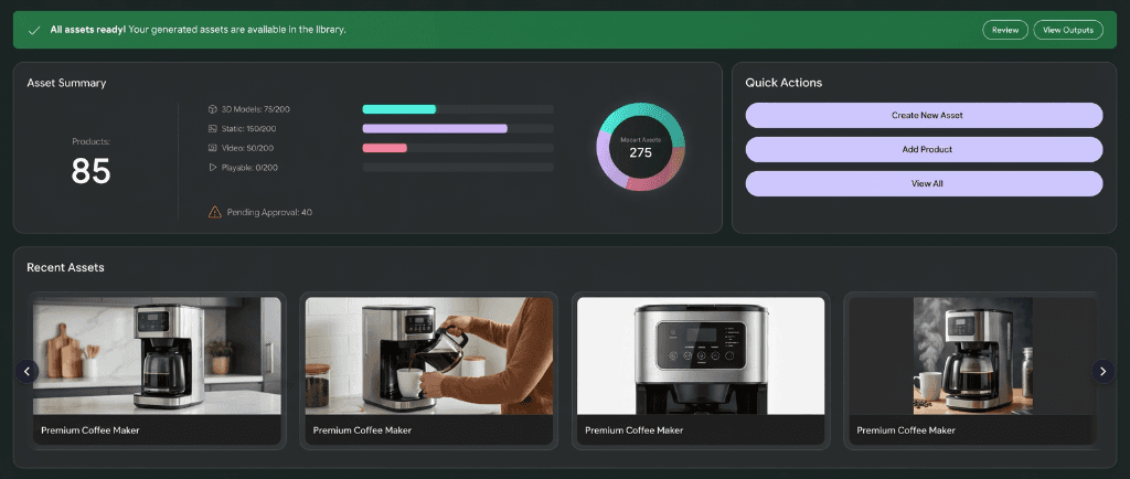 The Mocart asset panel: generation progress, pending approvals, and the review queue